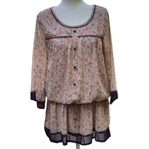 vtg chiffon pastel dainty floral purple prairie boho mini dress tunic size S/M